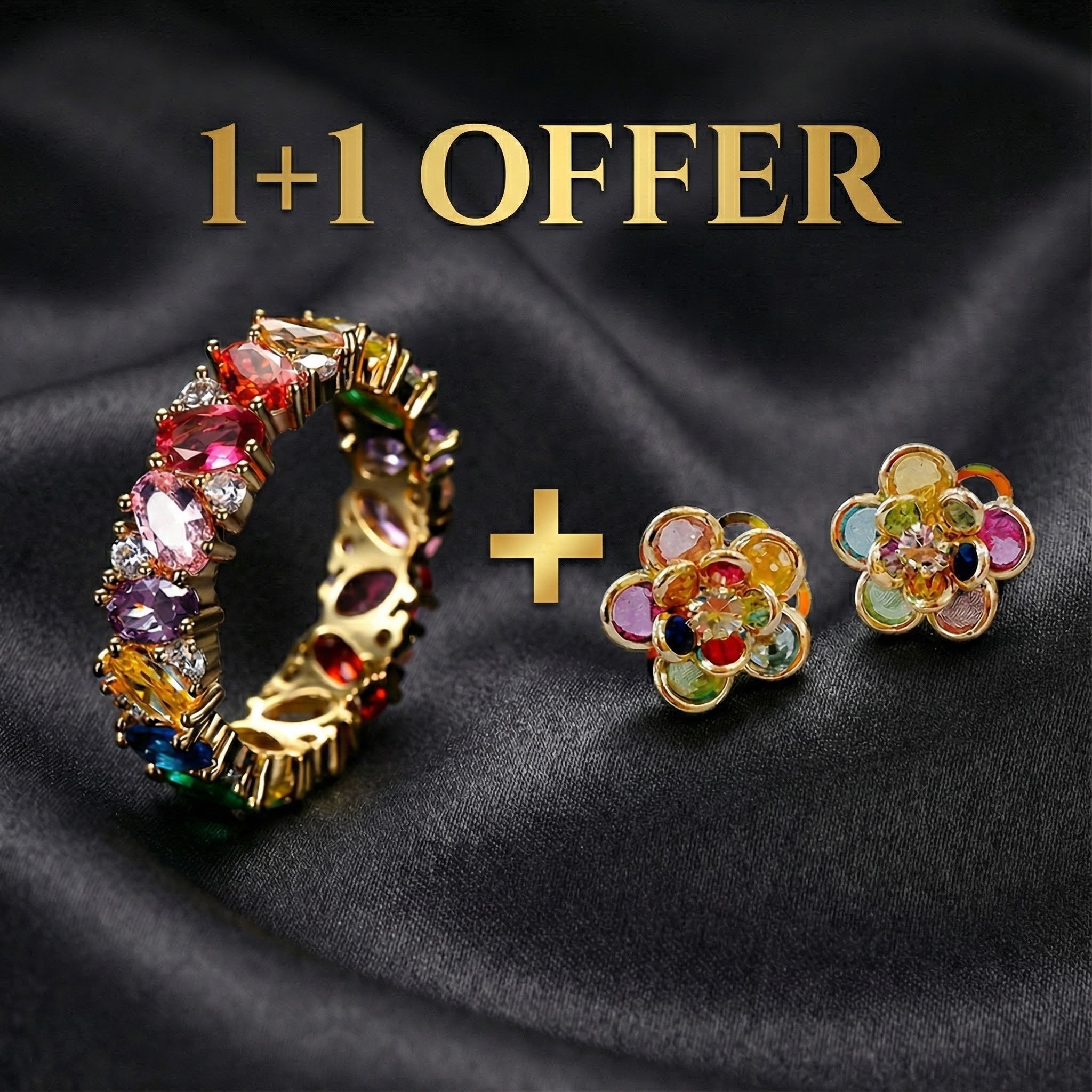 1+1 Offer: Elegant Colorful Crystal Flower Earrings + Vintage Multicolor Zirconia Ring