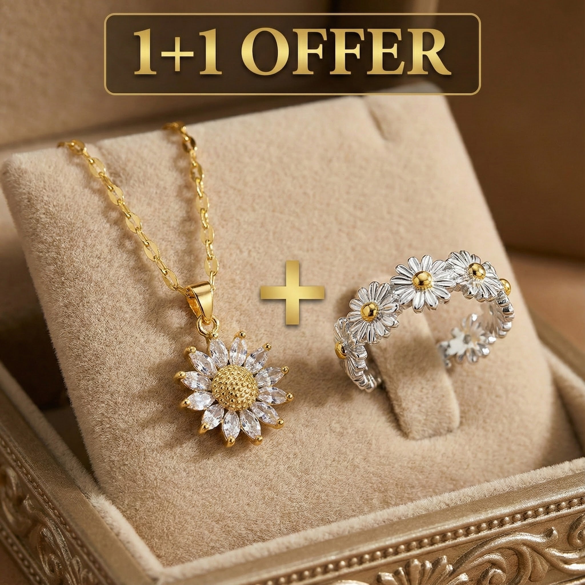 1+1 Offer: Adjustable Silver and Hand Painted Enamel Daisy Ring + Crystal Sunflower Necklace in Gold