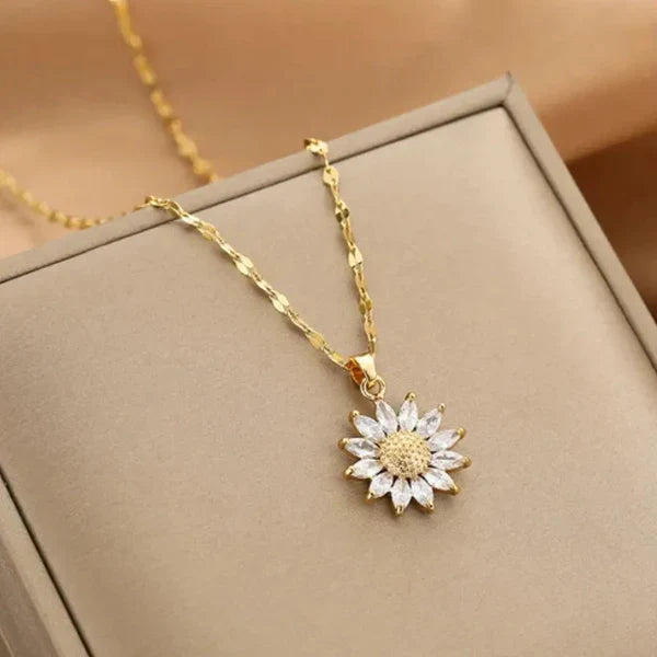 1+1 Offer: Adjustable Silver and Hand Painted Enamel Daisy Ring + Crystal Sunflower Necklace in Gold