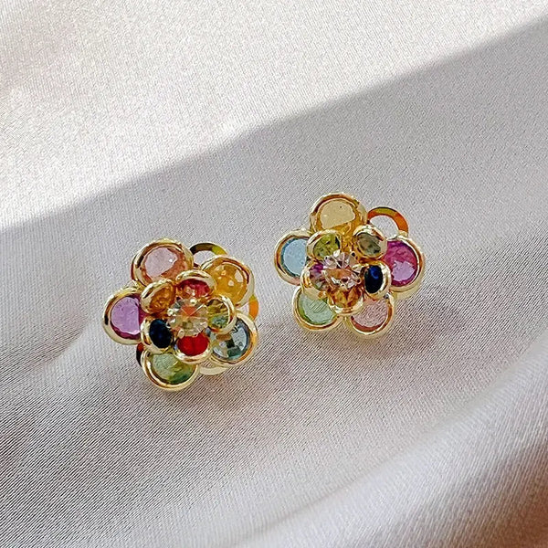 1+1 Offer: Elegant Colorful Crystal Flower Earrings + Vintage Multicolor Zirconia Ring
